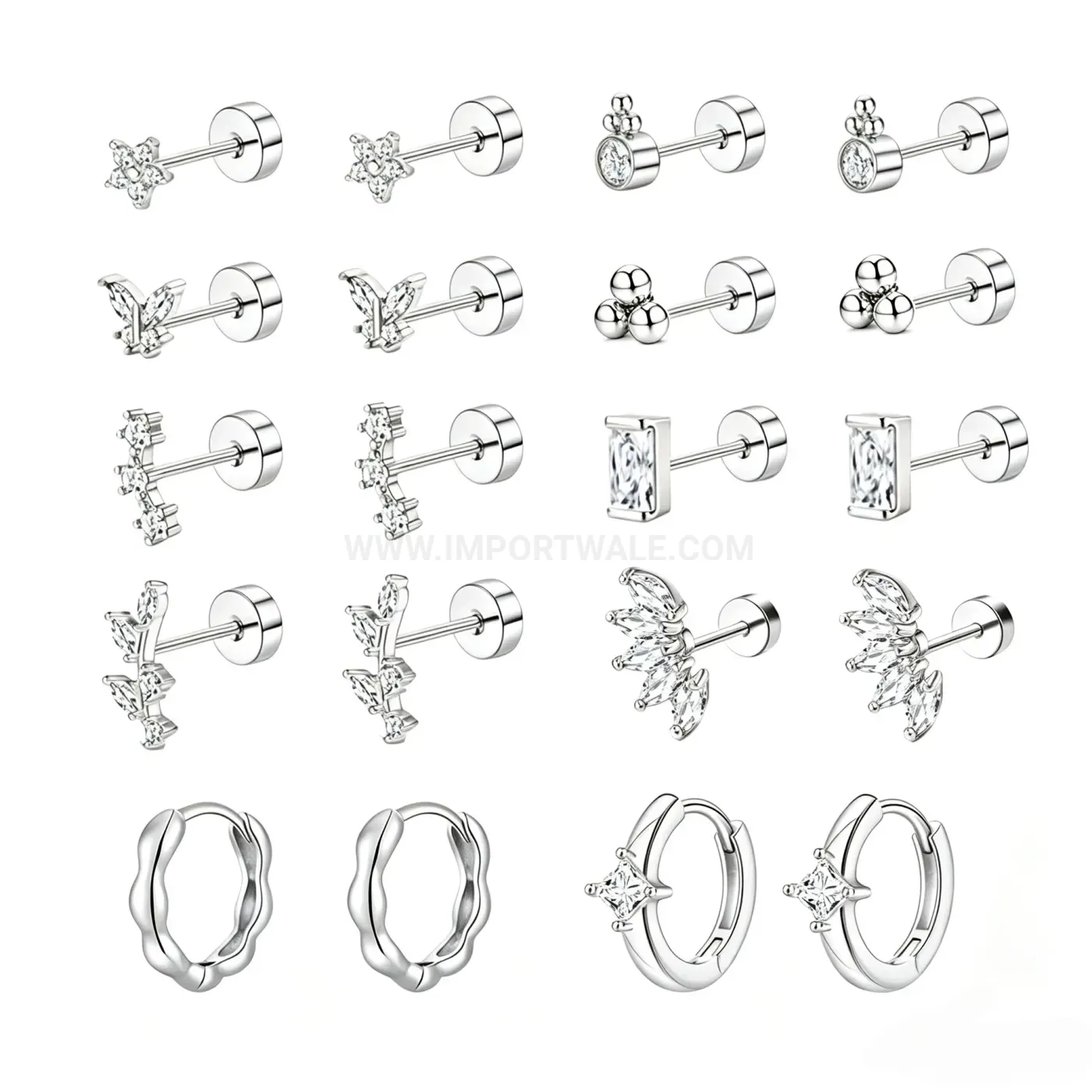 Chic Geometric Stainless Steel Zircon Wave Screw Cartilage Piercing Set
