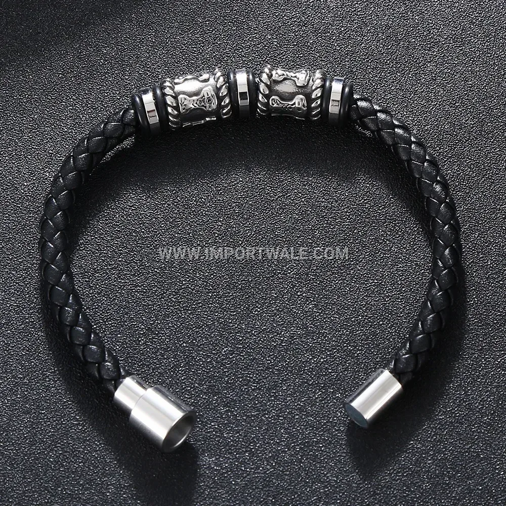 Handmade Leather and Stainless Steel Beaded Men Bracelet