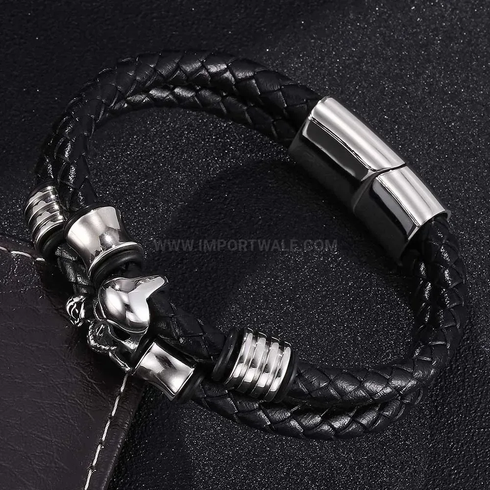 Punk Style Skull Rose Stainless Steel Black Leather Wristband