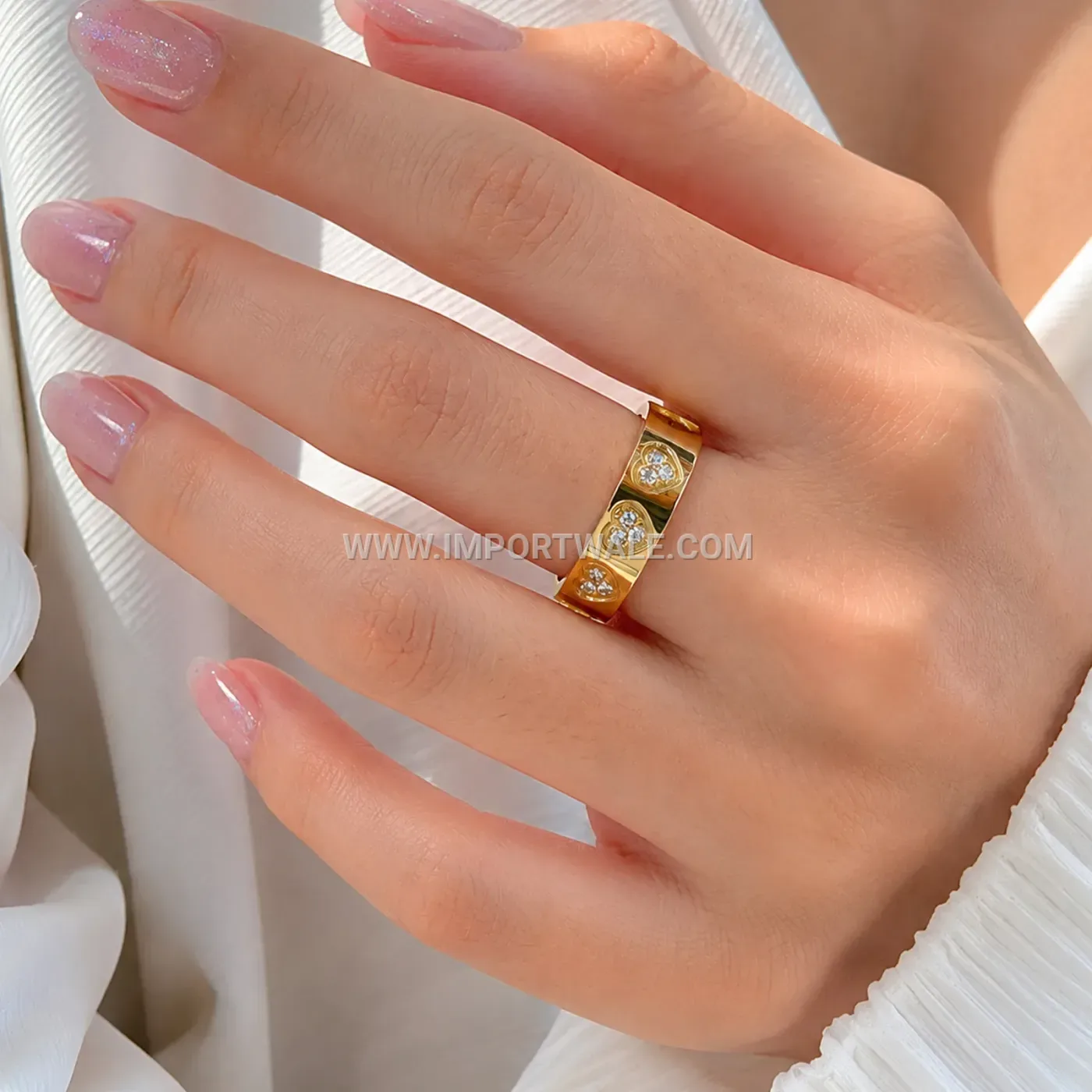 Curved Heart Rhinestone Stainless Steel Band Ring