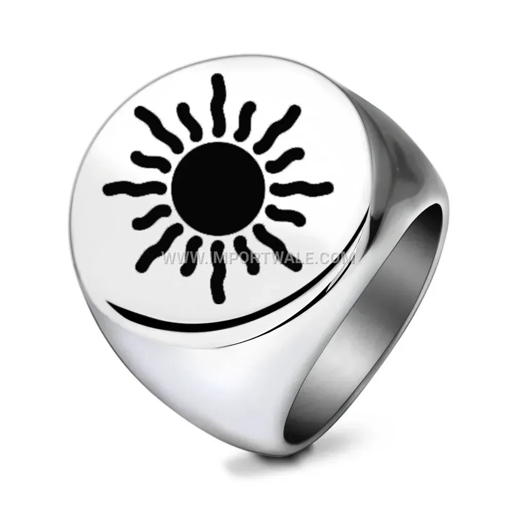 Engraved Burning Sun Stainless Steel Round Signet Ring