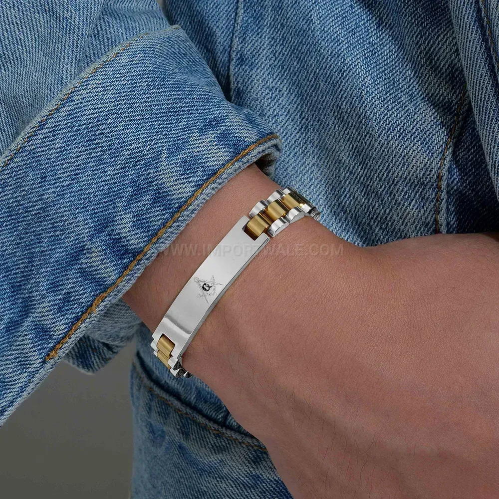 Men's Stainless Steel Masonic Curved Plate Watch Band Bracelet