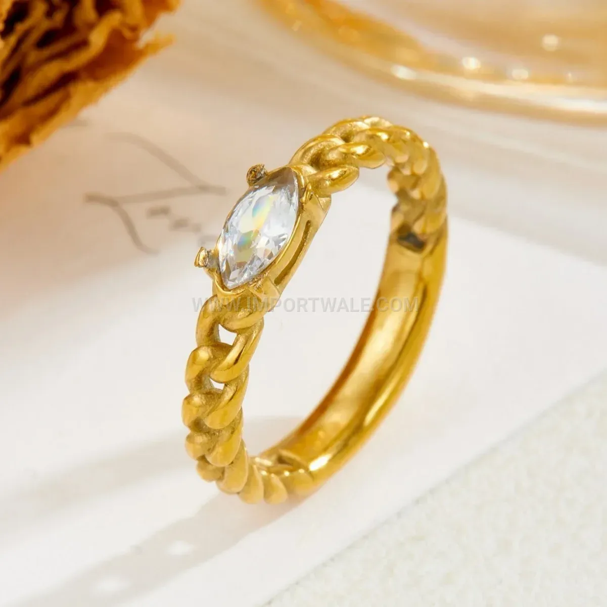 Twisted Gold Plated Stainless Steel Adjustable Zircon Ring