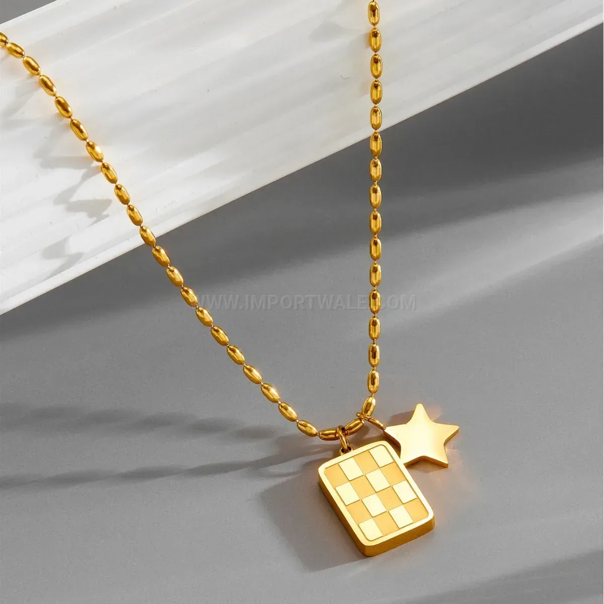 Fashion Gold Plated Titanium Steel Checkerboard Square Pendant Necklace