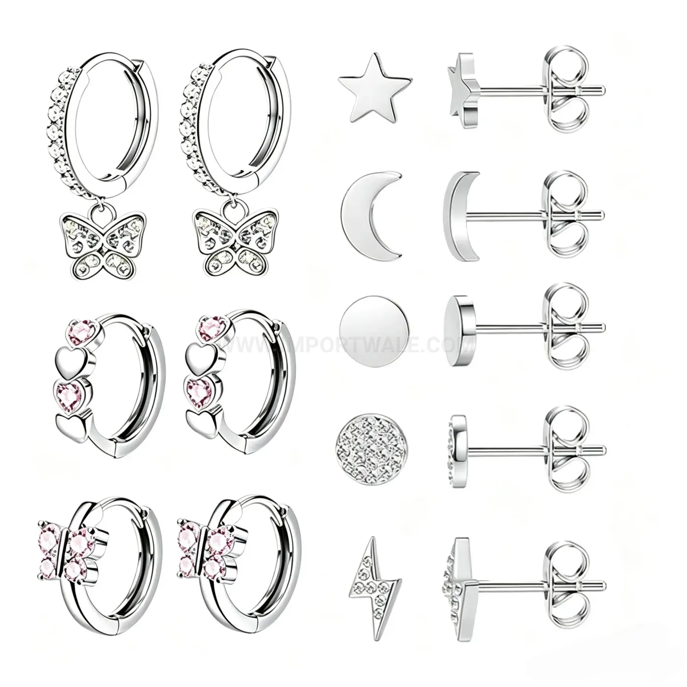 Classic Stainless Steel Rhinestone Heart Butterfly Earring Set