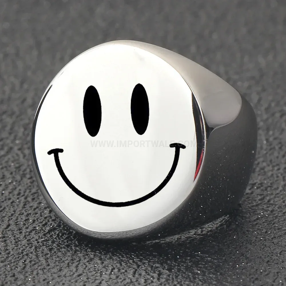 Bold Laser Engraved Circular Smiley Face Stainless Steel Signet Ring