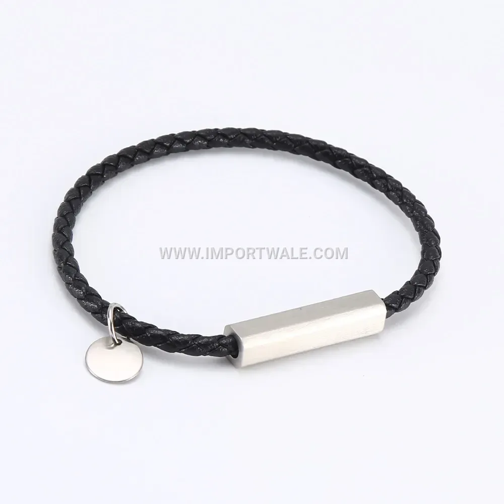 Woven Leather Cord Bracelet with Brushed Stainless Steel Accents