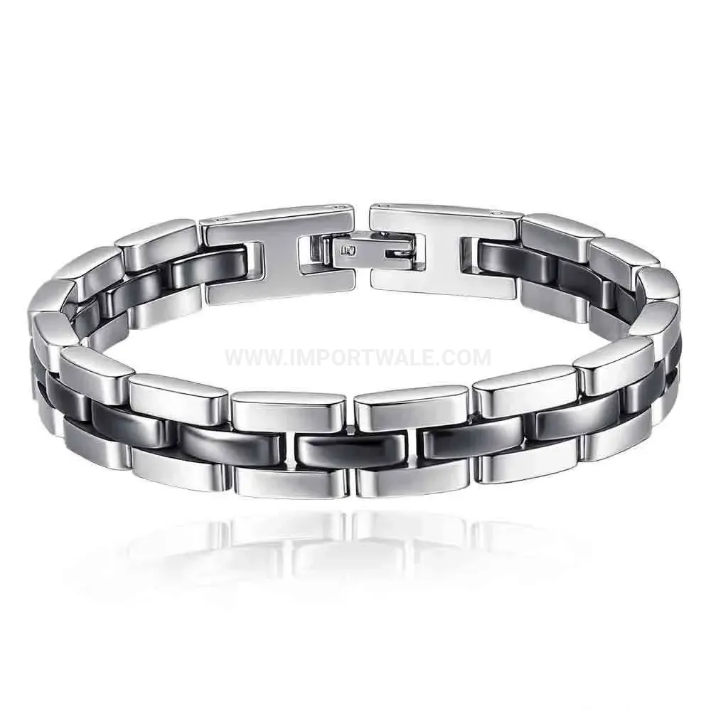Stainless Steel and Ceramic Black White Geometric Link Chain Bracelet