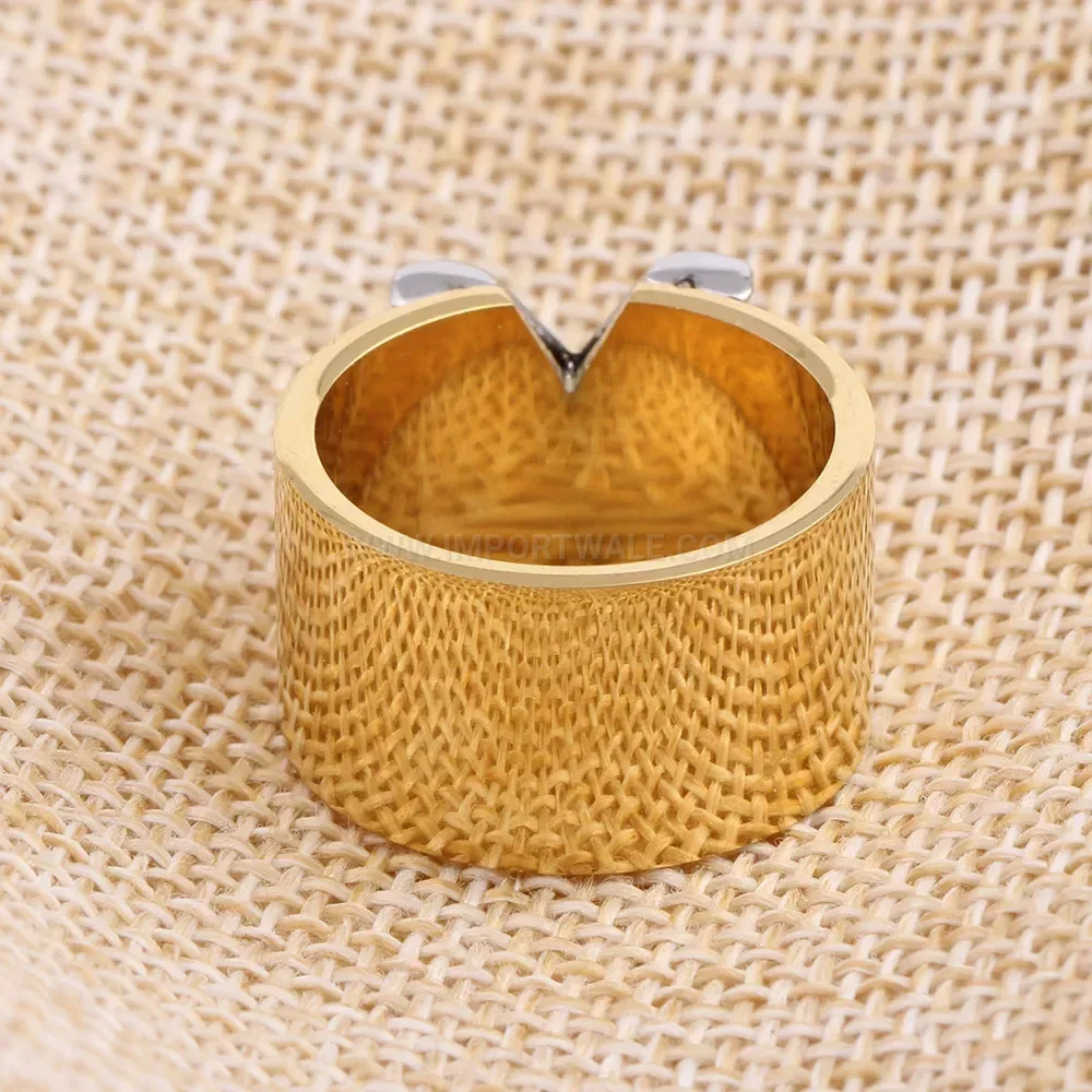 Stylish Two Tone Stainless Steel Wide V Letter Band Ring