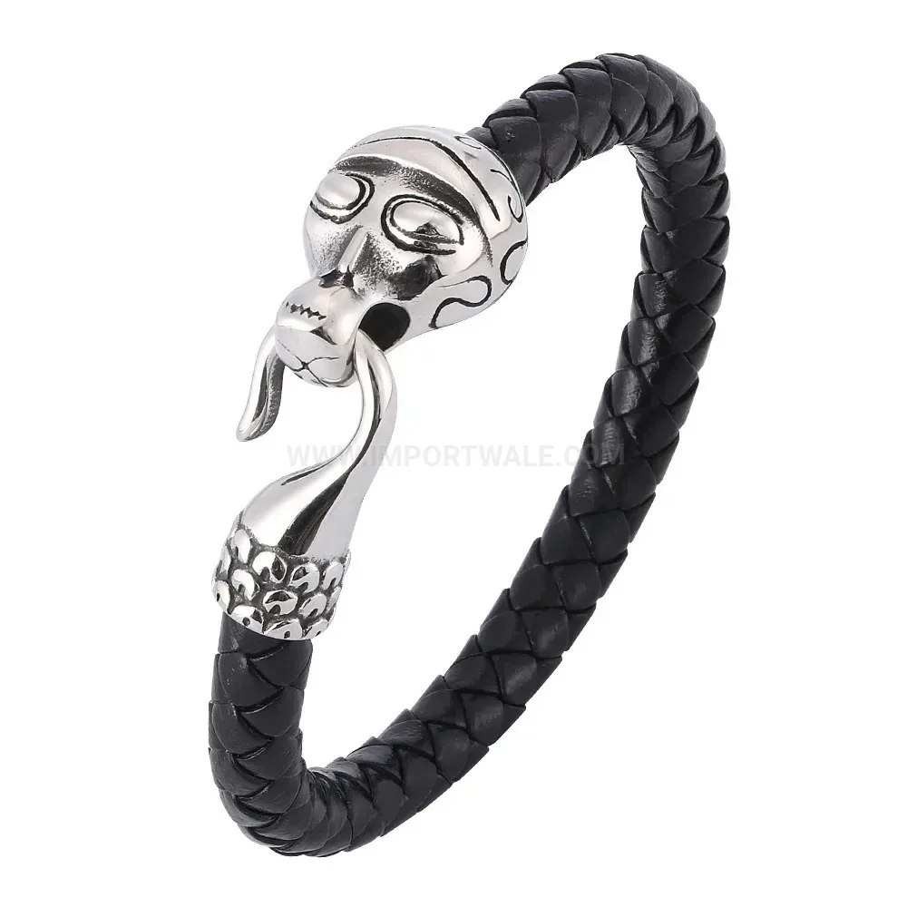 Bold Men's Stainless Steel Snake Clasp Woven Leather Bracelet