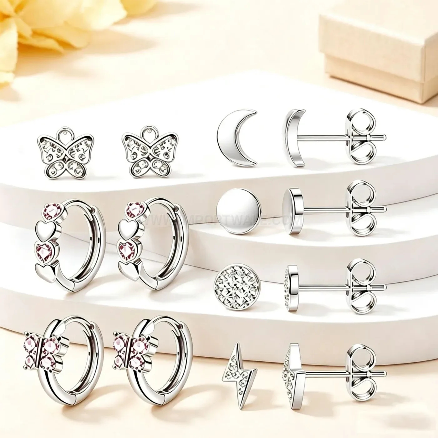 Classic Stainless Steel Rhinestone Heart Butterfly Earring Set