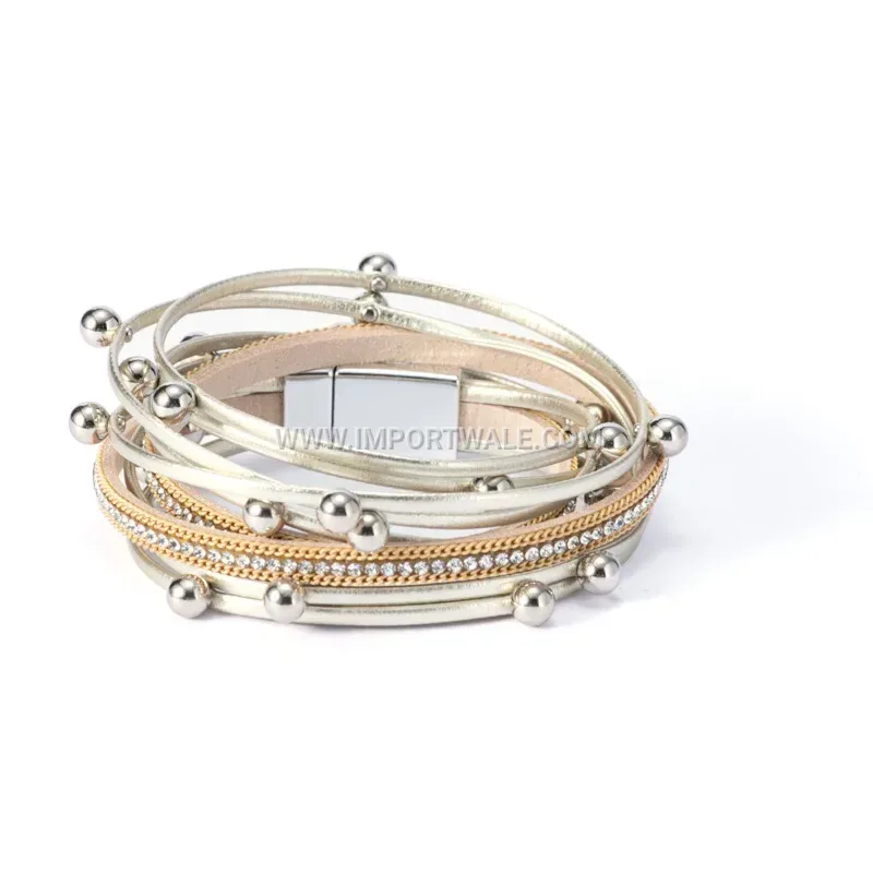 Double Wrap Rhinestone Beaded Leather Bracelet With Magnetic Clasp