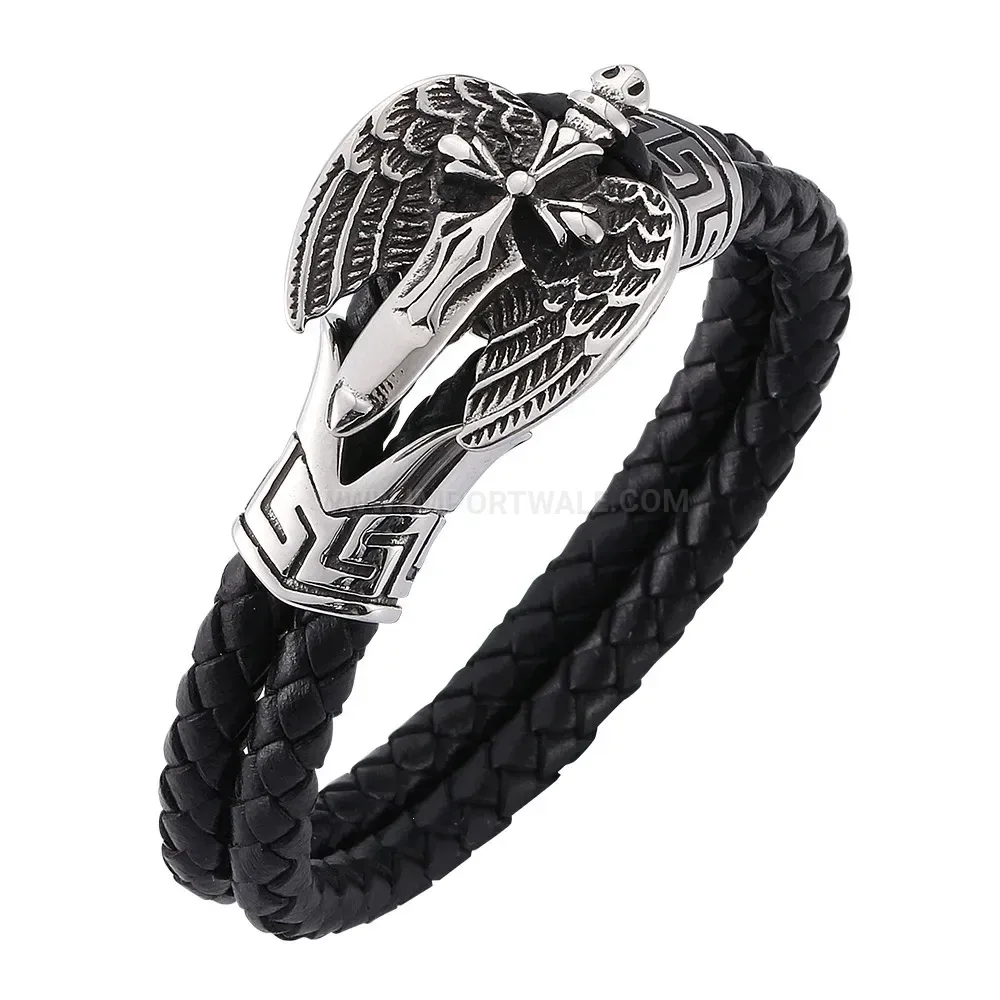 Cross and Skull Braided Leather Wristband with Stainless Steel Accents