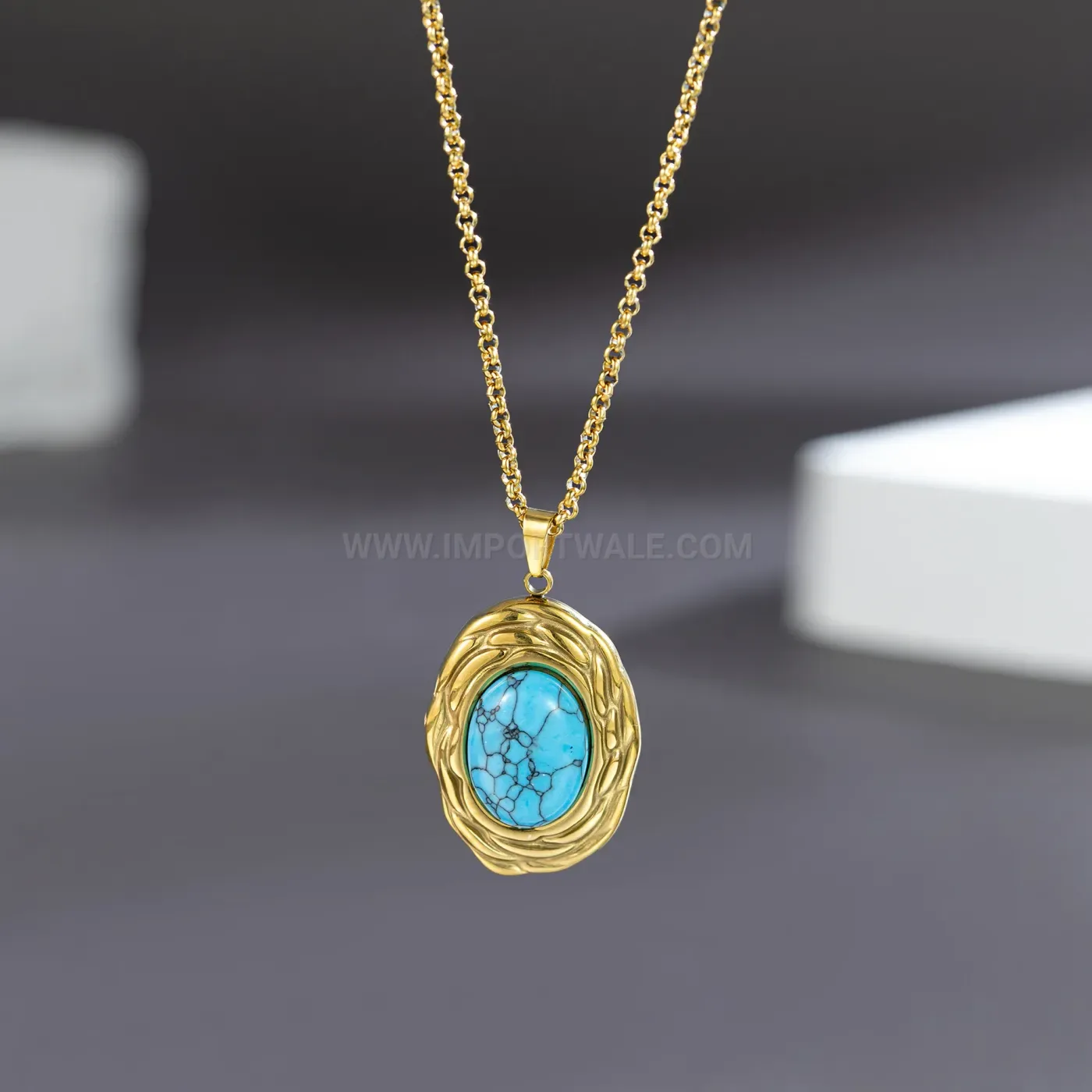 Trendy Vintage Turquoise Oval Pendant Titanium Steel Chain Necklace