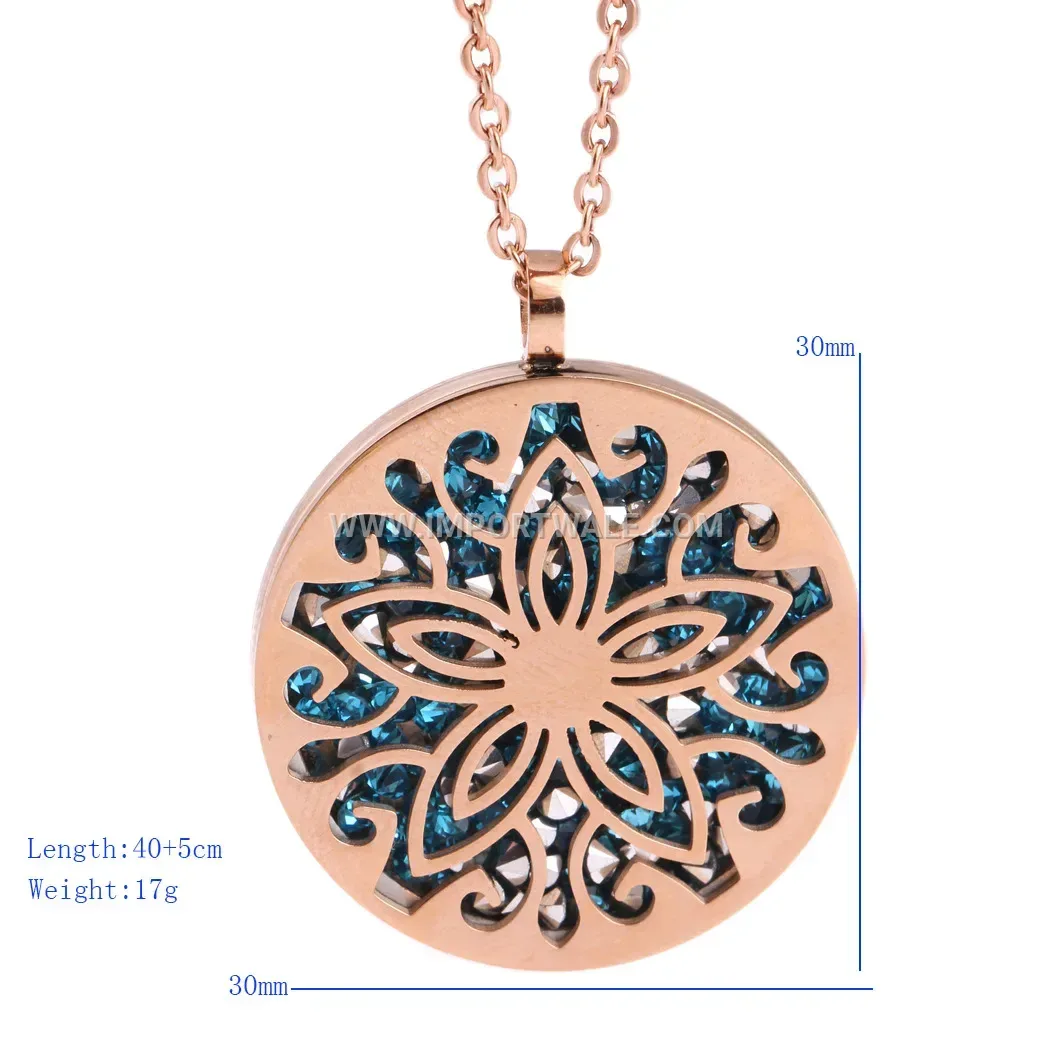 Rose Gold Stainless Steel Circular Crystal Star Pendant Necklace