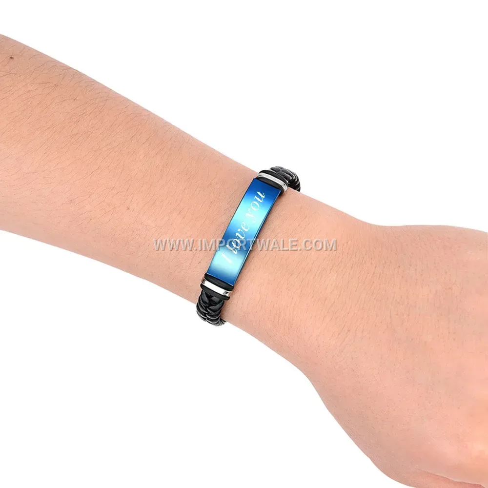 Braided Leather and Stainless Steel Bangle Bracelet