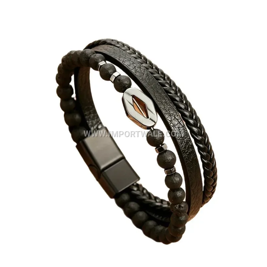 Natural Stone Bead Braided PU Leather Magnetic Bracelet