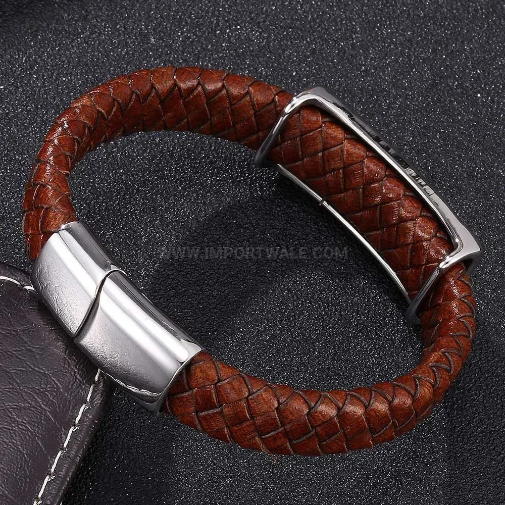 Modern Brown Leather Wristband with Stainless Steel Anchor Accent