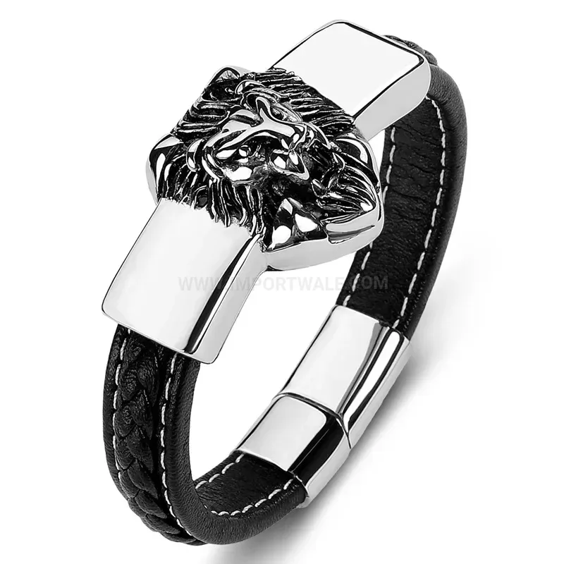 Classic Handcrafted Lion Emblem Leather and Stainless Steel Bracelet