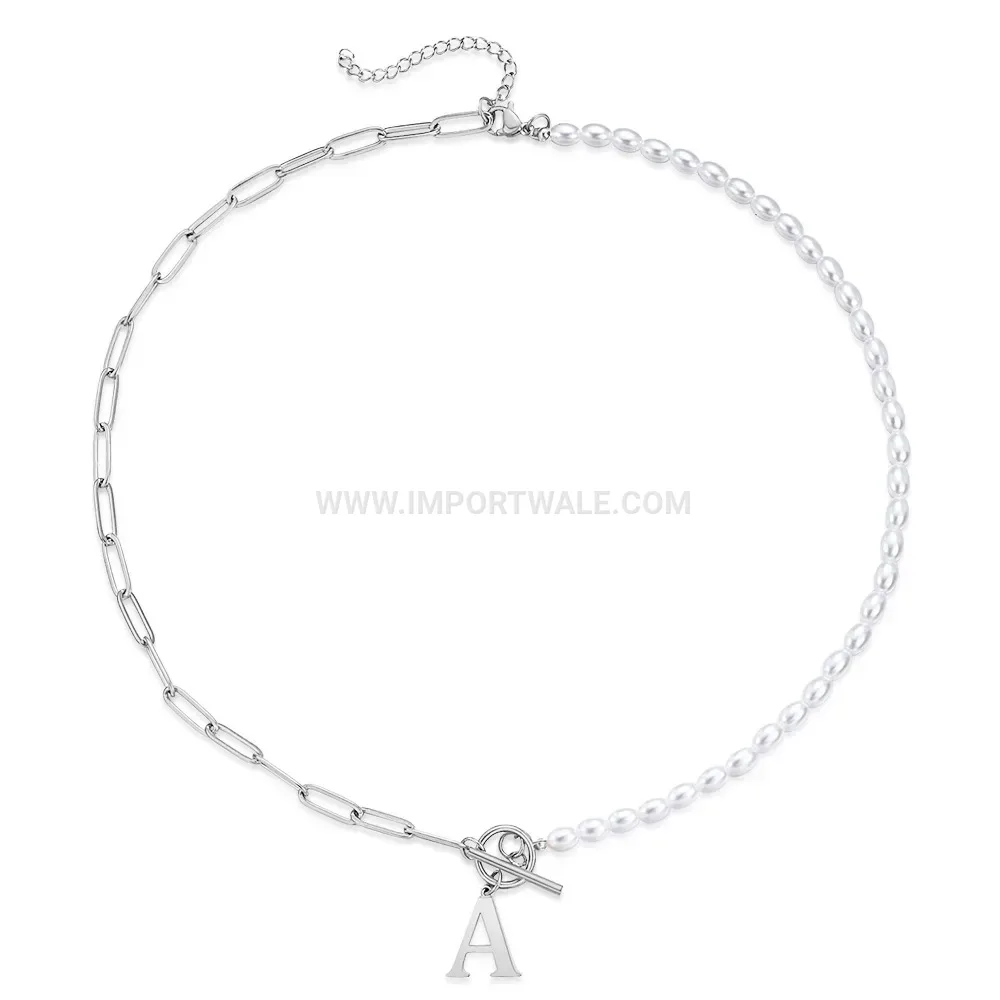 Stainless Steel Initial Letter Pearl Paperclip OT Toggle Clasp Necklace