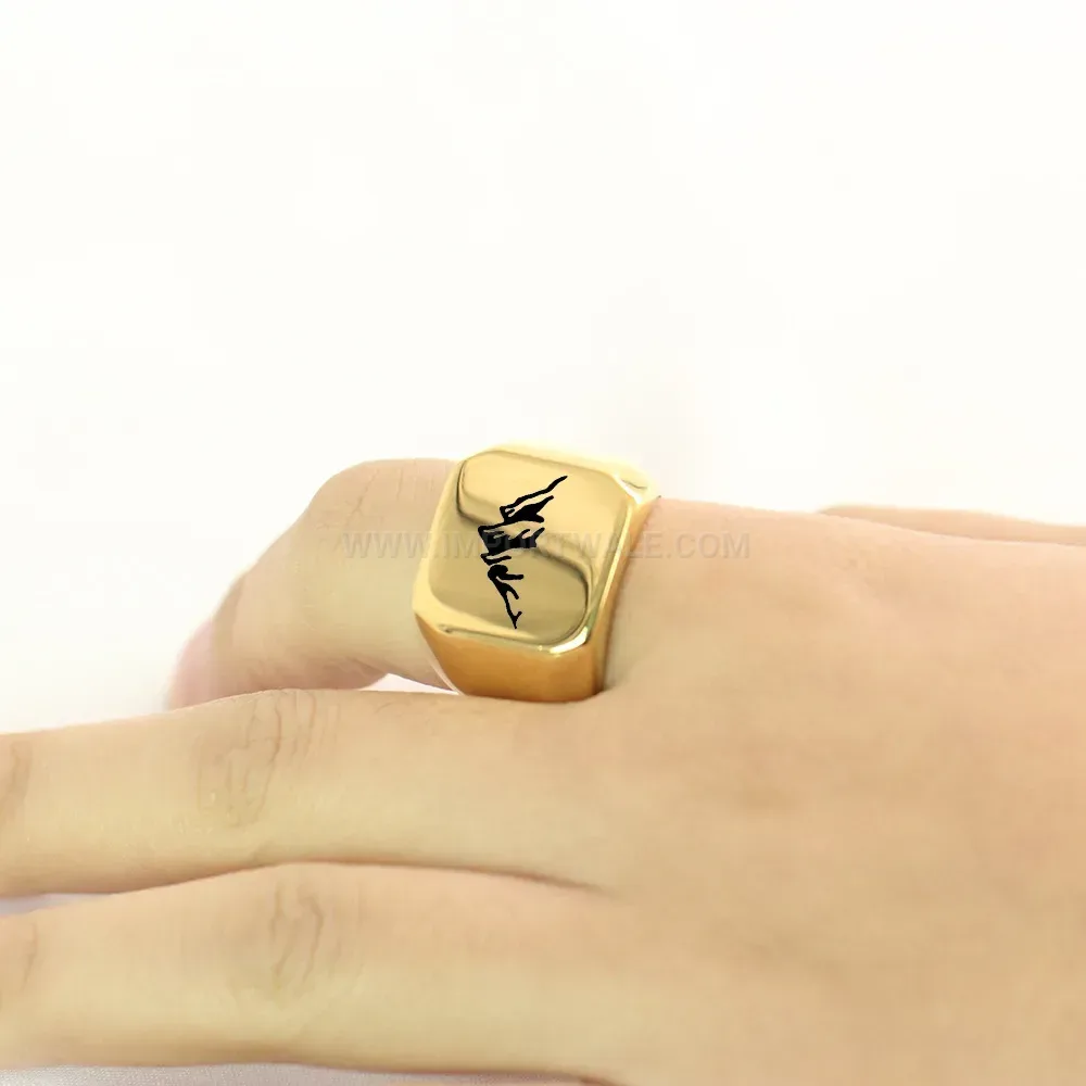 Bold Laser Engraved Mountain Peak Stainless Steel Square Signet Ring