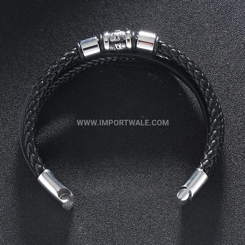 Multi-Layer Braided Black Leather Wristband with Steel Magnetic Clasp