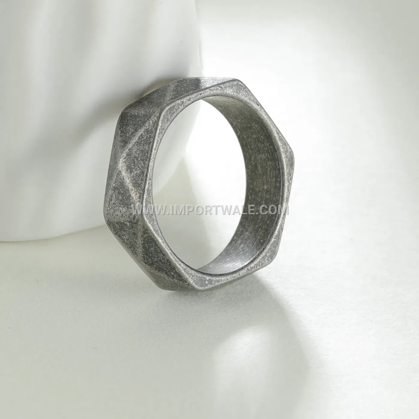Geometric Cut Faceted Stainless Steel Vintage Silver Band Ring