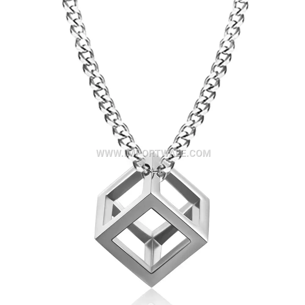 3D Hollow Geometric Cube Stainless Steel Pendant Necklace