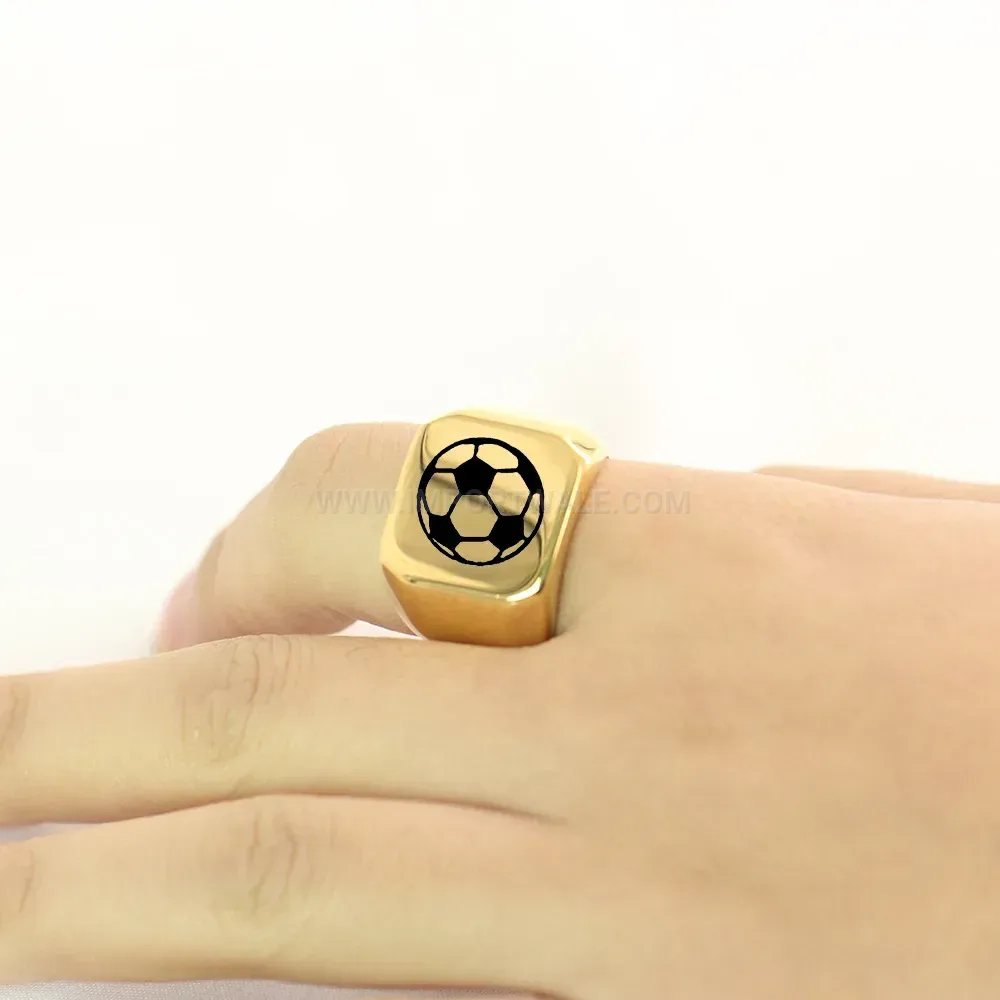 Bold Square Laser Engraved Soccer Motif Stainless Steel Ring