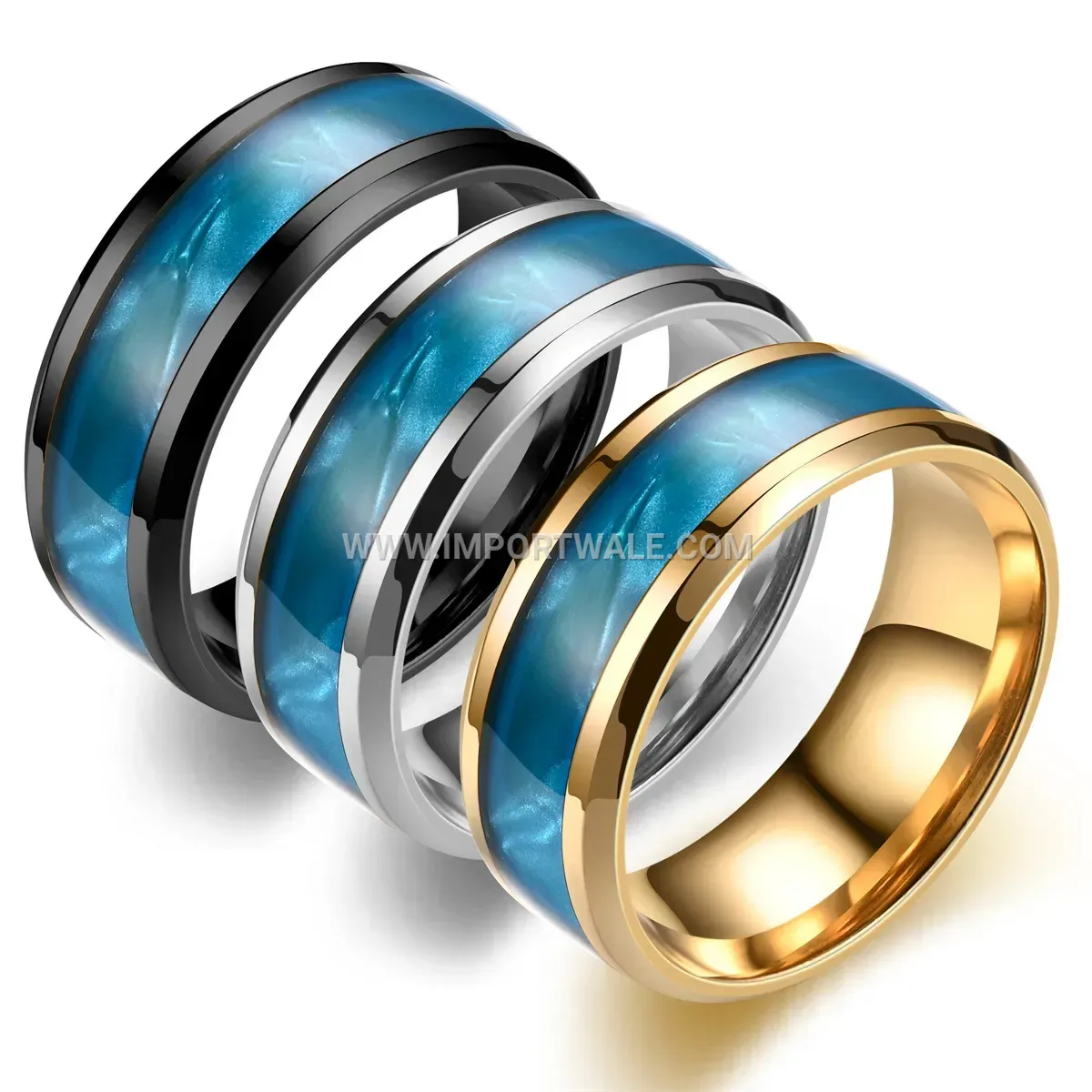 Iridescent Blue Shell Inlay Stainless Steel Ring
