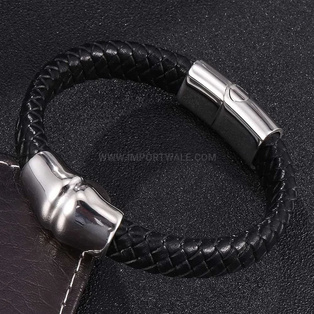 Men's Genuine Leather Bracelet with Stainless Steel Magnetic Clasp