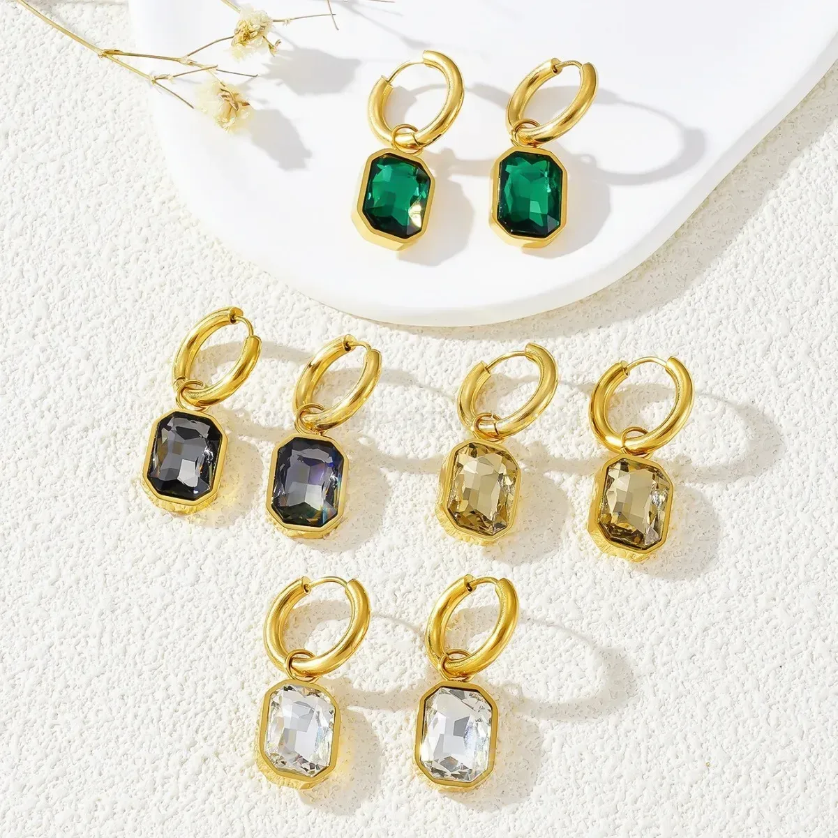 18K Gold Plated Stainless Steel Geometric Crystal Earrings