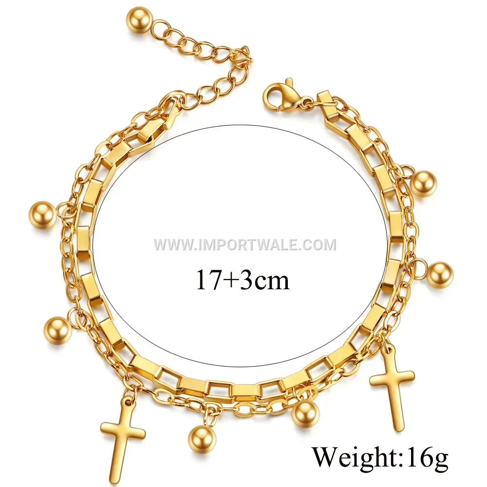 Double Layer Stainless Steel Bead and Cross Charm Chain Bracelet