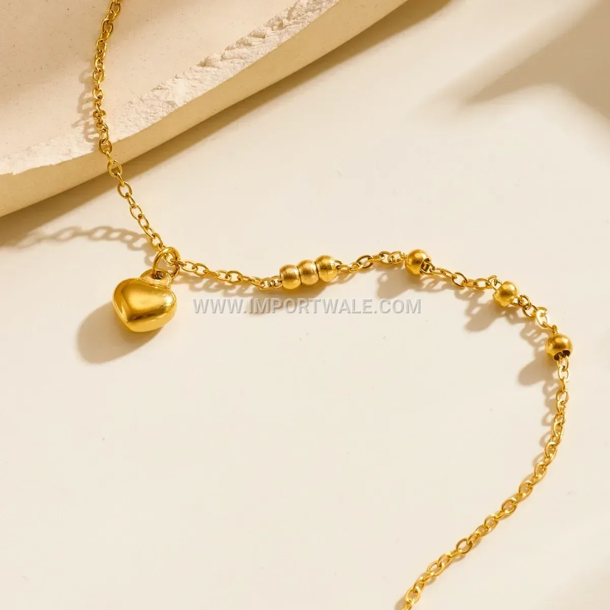 Dainty Stainless Steel Beaded Heart Charm Anklet