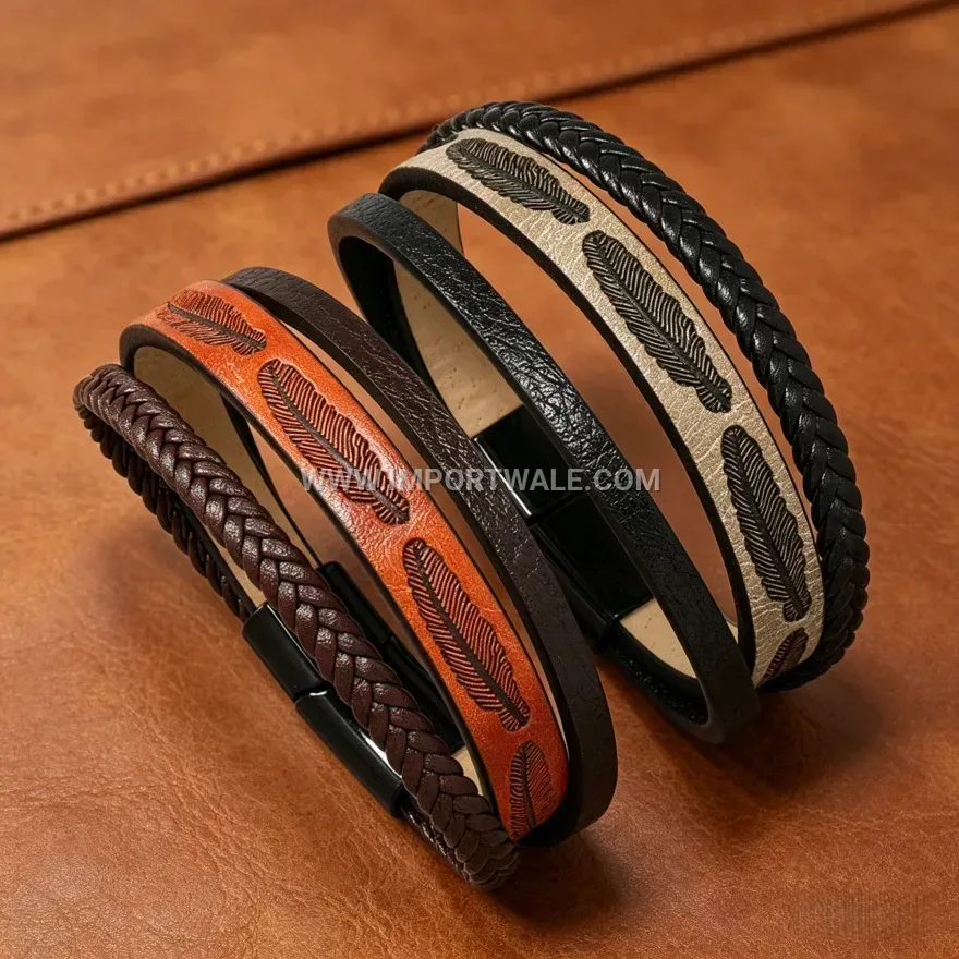 Vintage Feather Textured Multi-Layer Faux Leather Braided Bracelet