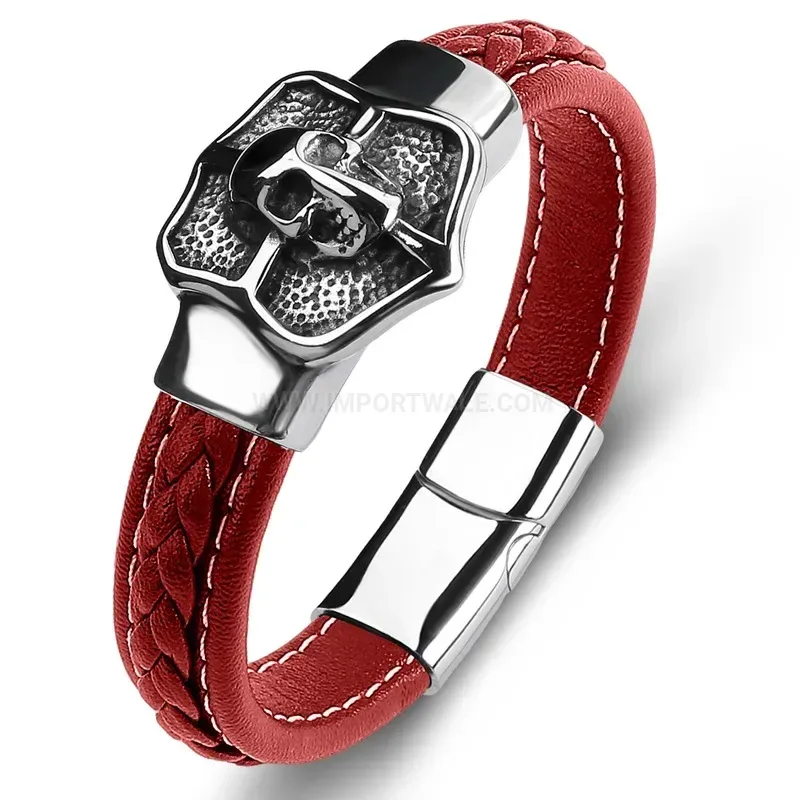 Premium Edgy Streetwear Skull Leather Stainless Steel Men Wristband