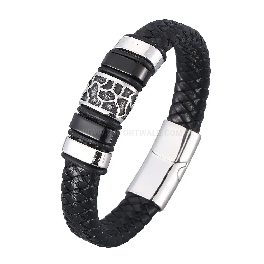 Woven Black Leather Bracelet with Electroplated Stainless Steel Clasp