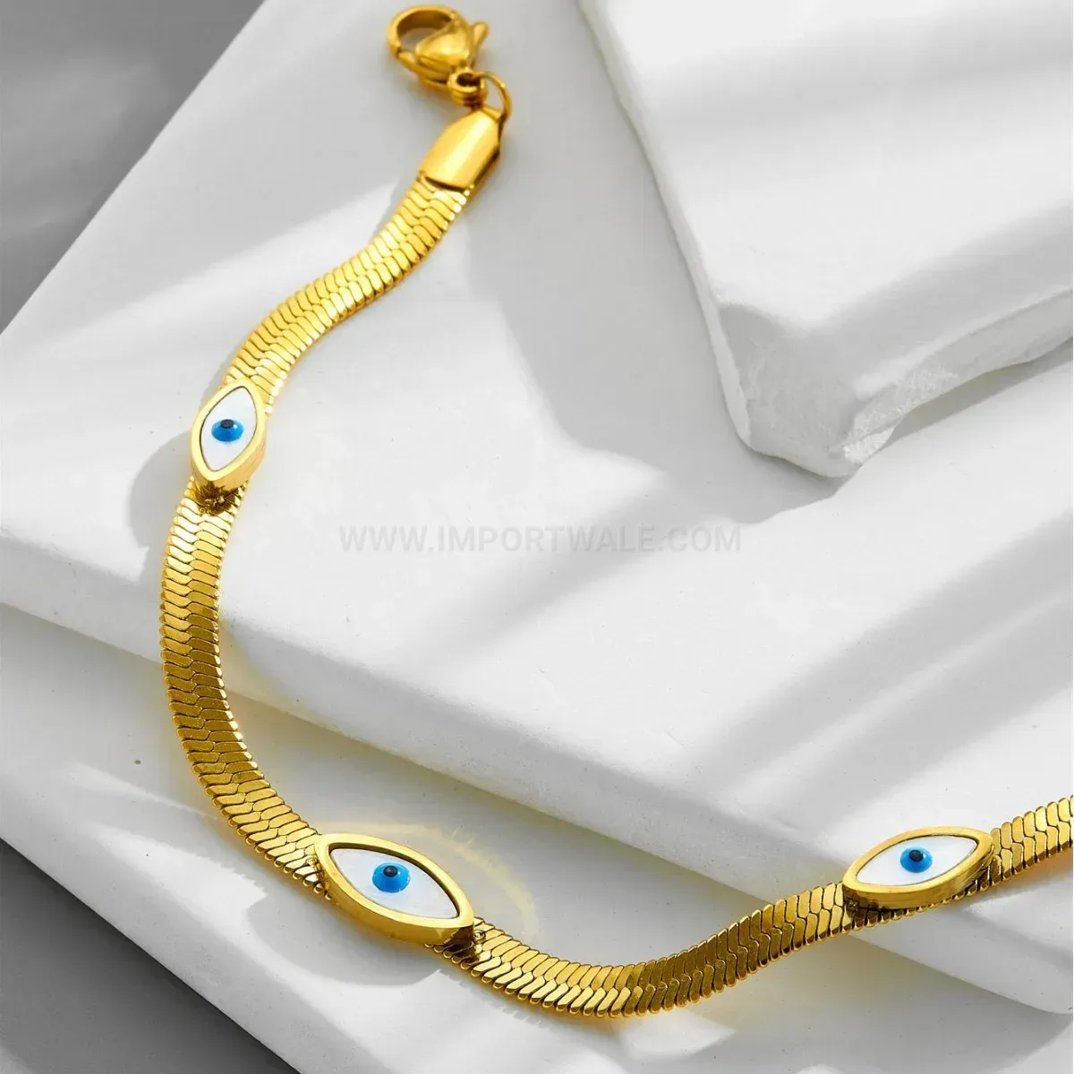 Gold Plated Stainless Steel Snake Chain Evil Eye Accent Bracelet