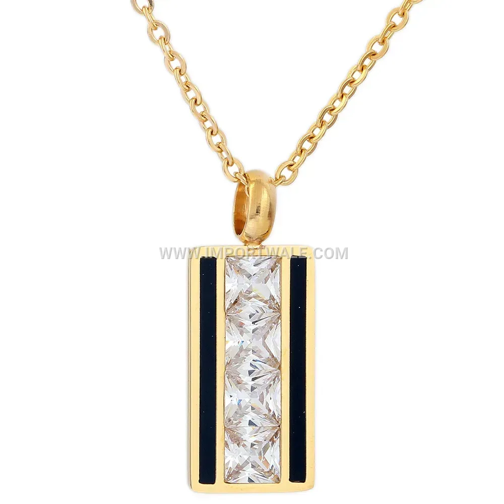 18K Gold Plated Stainless Steel Rectangular Zircon Inlaid Pendant Necklace