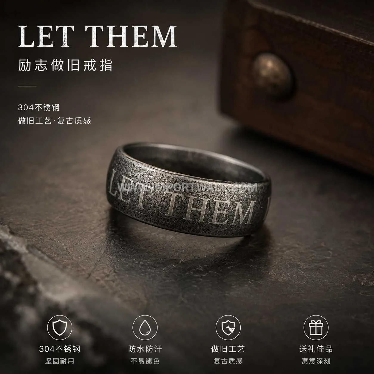 Vintage Antique Letter Engraved Stainless Steel Band Ring