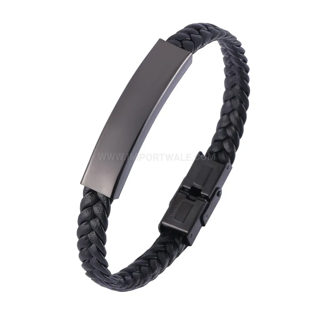 Vintage Black Braided Leather Stainless Steel Men's Bracelet