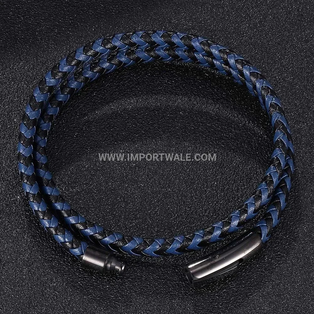 Dual Strand Braided Leather Stainless Steel Magnetic Clasp Bracelet