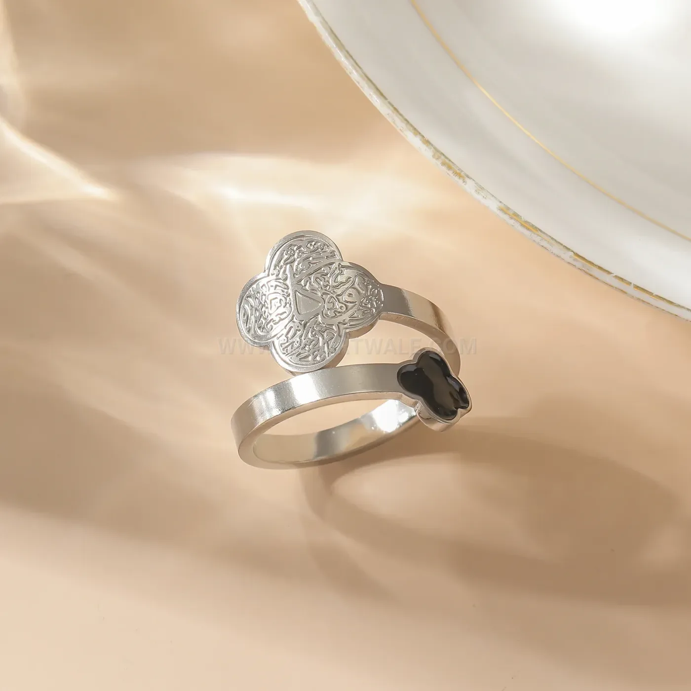 Designer Stainless Steel Islamic Engraved Clover Statement Ring