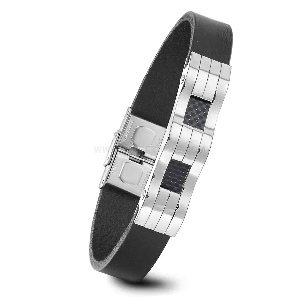 Men's Two-Tone Black Leather Cord Stainless Steel Bracelet