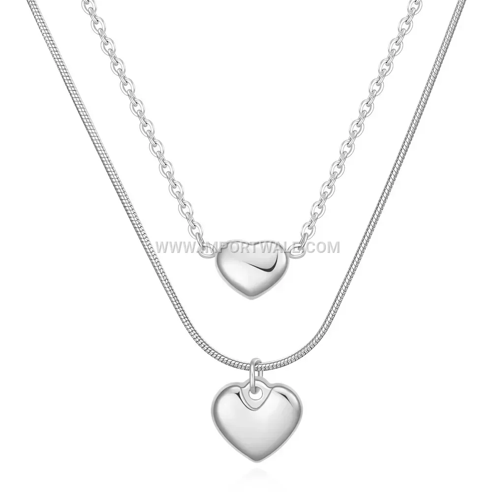 Double Layer Stainless Steel Heart Pendant Choker Necklace