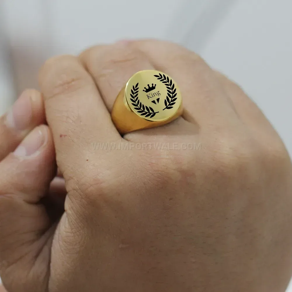 Trendy Laser Engraved Leaves Crown Stainless Steel Signet Ring