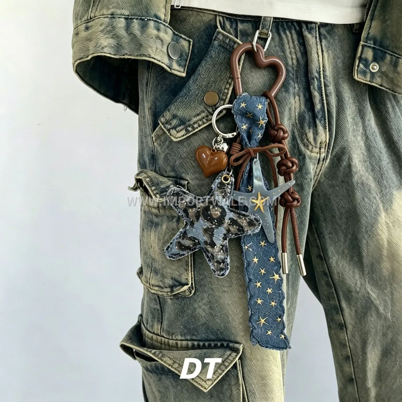 Leopard Print Denim Star Leather Heart Bag Charm Keychain