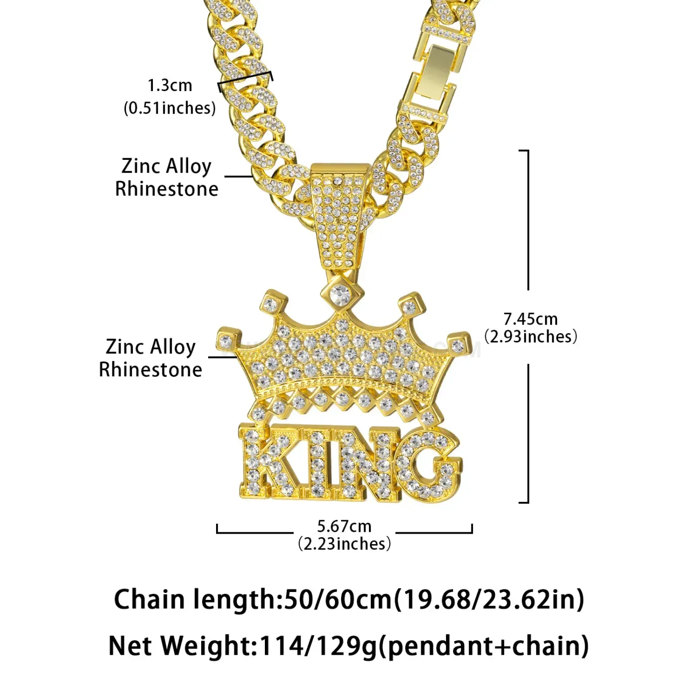 Full Rhinestone King Crown Alloy Hip Hop Pendant Necklace