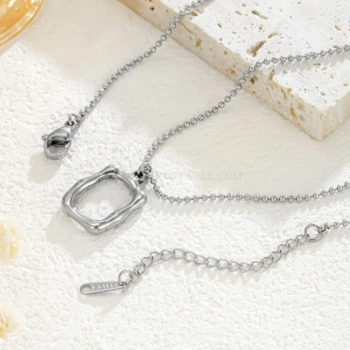Textured Hollow Rectangular Frame Stainless Steel Pendant Necklace