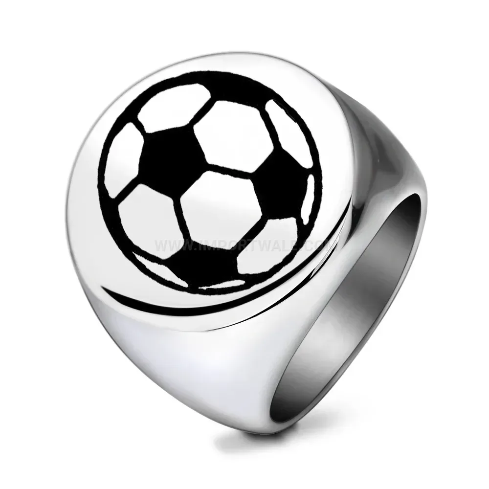 Classic Laser Engraved Football Pattern Stainless Steel Round Signet Ring